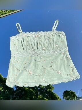 Floral Embroidered Sage Green Lace-Trim Cami